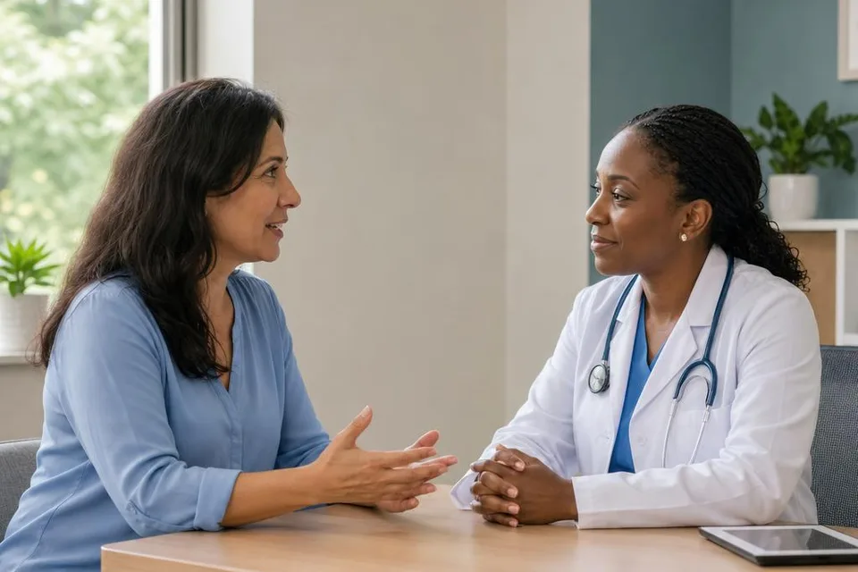 A patient and doctor talking together in a bright office
